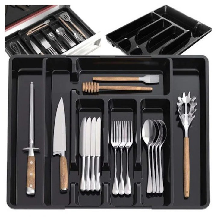 Organizator extensibil de sertar pentru tacamuri, Artemis, Polipropilena, 7 compartimente
