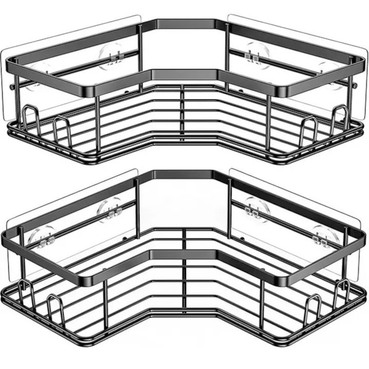 Set 2 rafturi coltar baie suspendate, stil loft industrial, metal, montaj fara gaurire