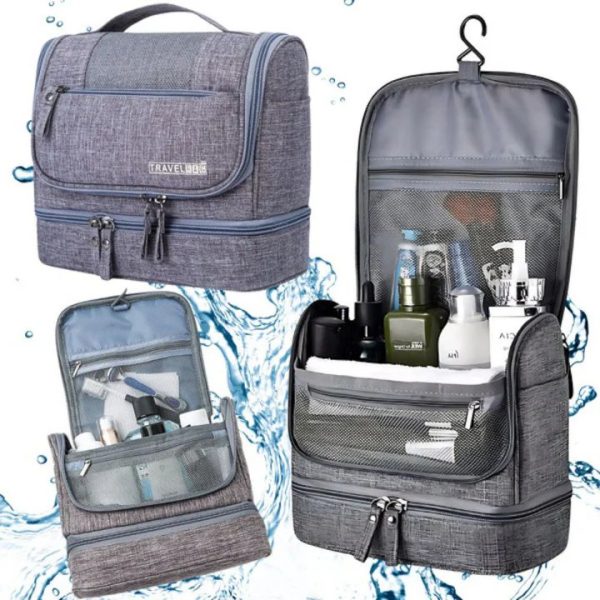 Geanta cosmetica de calatorie, organizator cu carlig, mare, unisex, impermeabila, gri