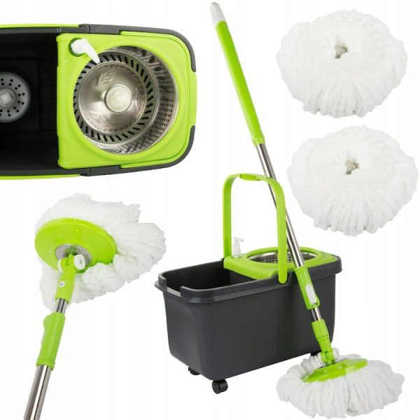 Mop telescopic rotativ 360 grade cu 2 capete din microfibra si sistem integrat de stoarcere si spalare